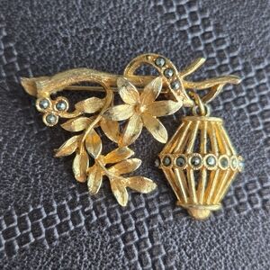 Vintage Gold-Tone Floral Brooch with Dangle Lantern & Marcasite Accents​